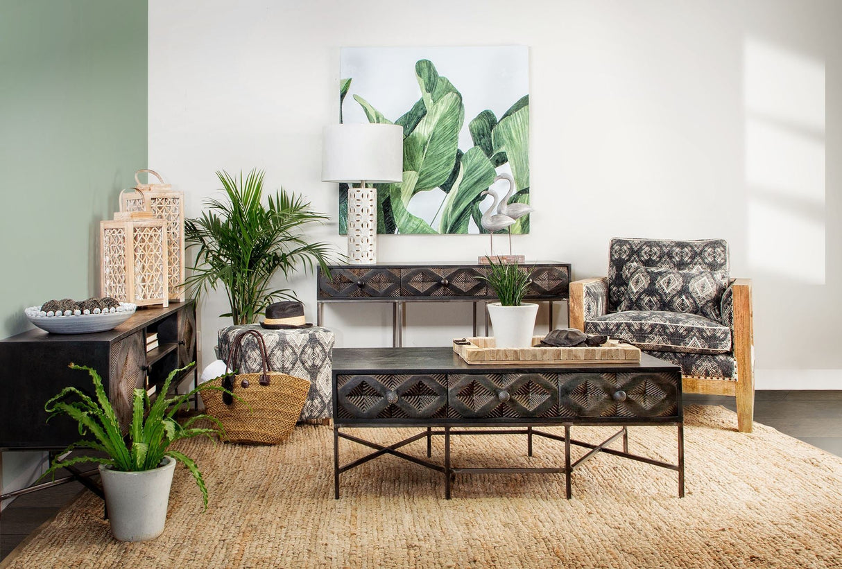 Pallu Dhurrie Cotton Cover w/Four Wooden Legs Ottoman by Mercana at Eve Furniture