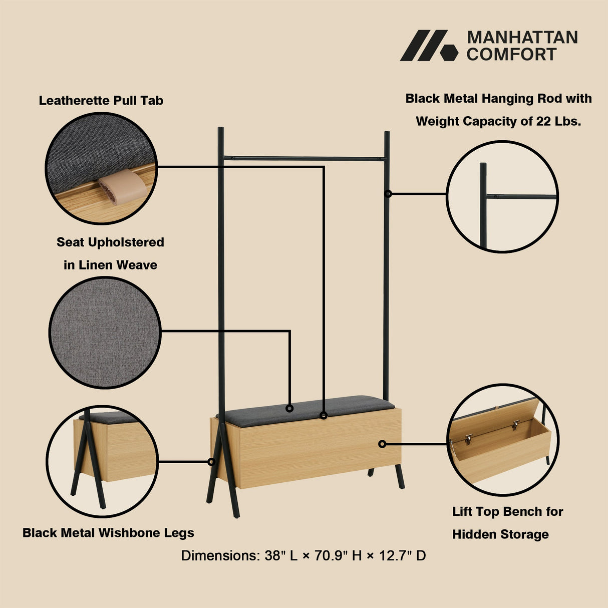 Paloma Open Hanging Closet in Natural Oak by Manhattan Comfort at Eve Furniture