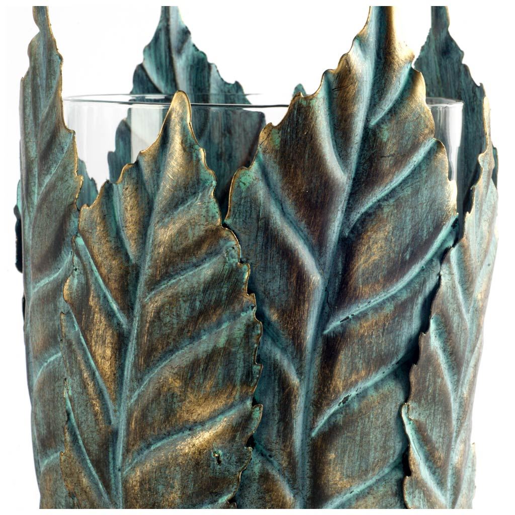 Pana I Small Green/Gold Metal Leaf Table Candle Holder by Mercana at Eve Furniture