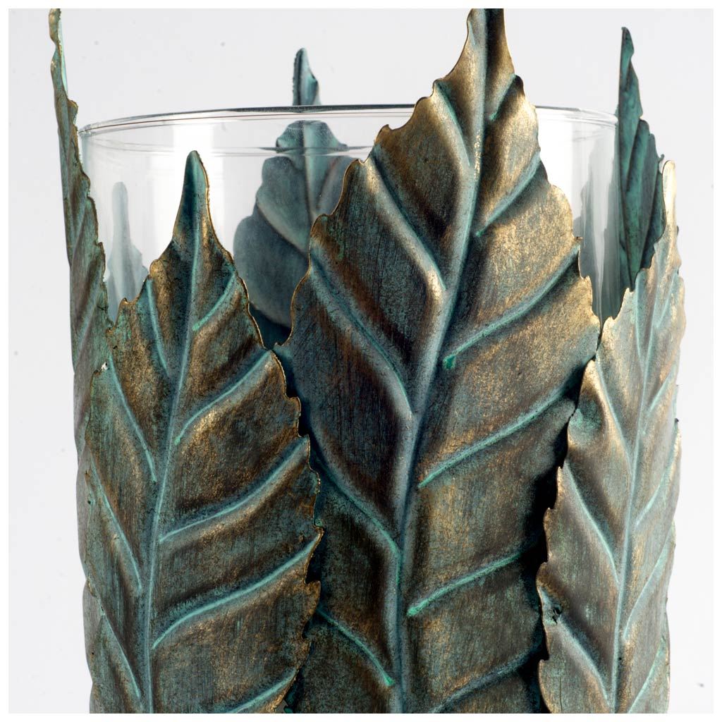 Pana II Large Green/Gold Metal Leaf Table Candle Holder by Mercana at Eve Furniture