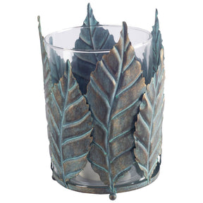 Pana II Large Green/Gold Metal Leaf Table Candle Holder by Mercana at Eve Furniture