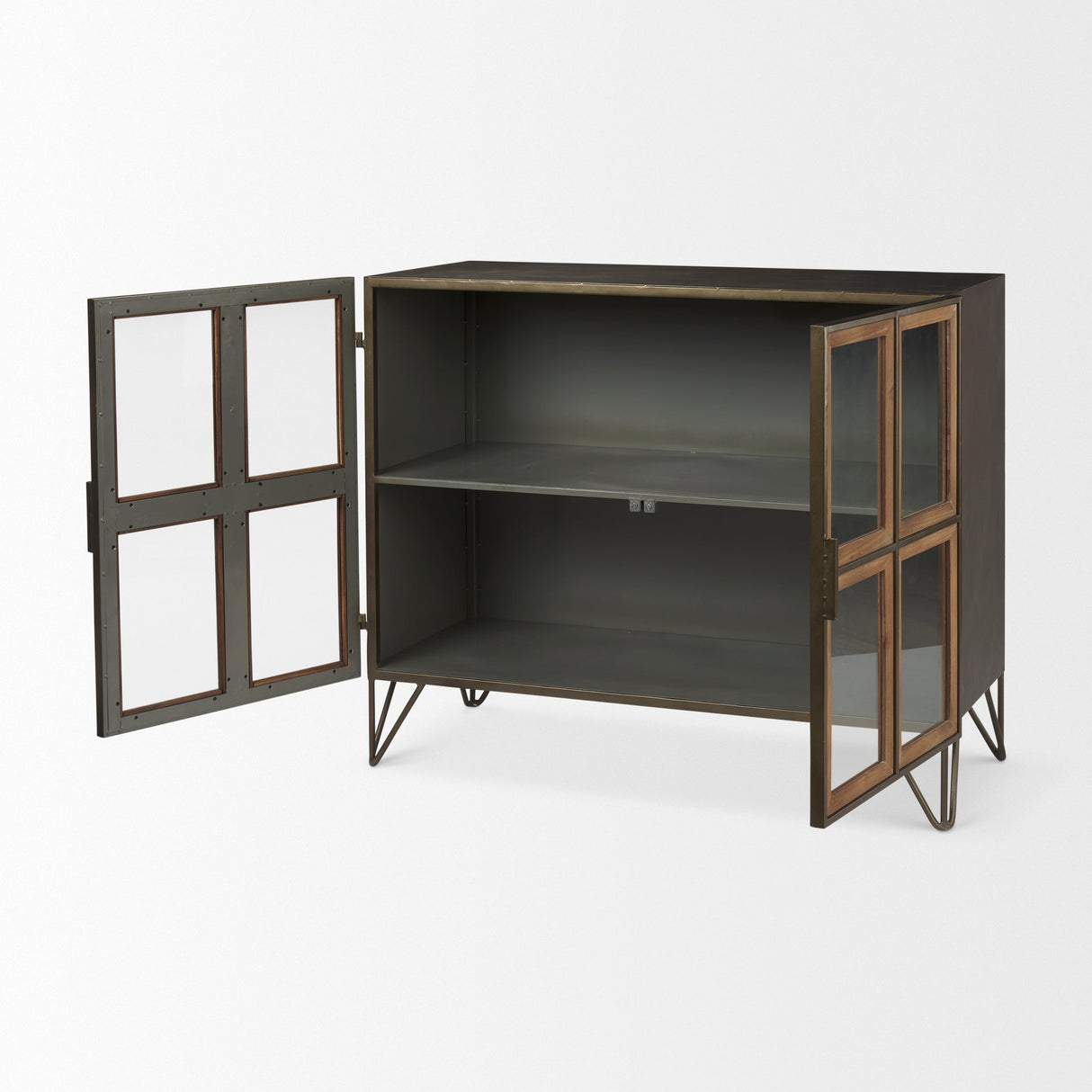 Pandora Dark Brass Metal W/Red Wood 2 Door Accent Cabinet by Mercana at Eve Furniture