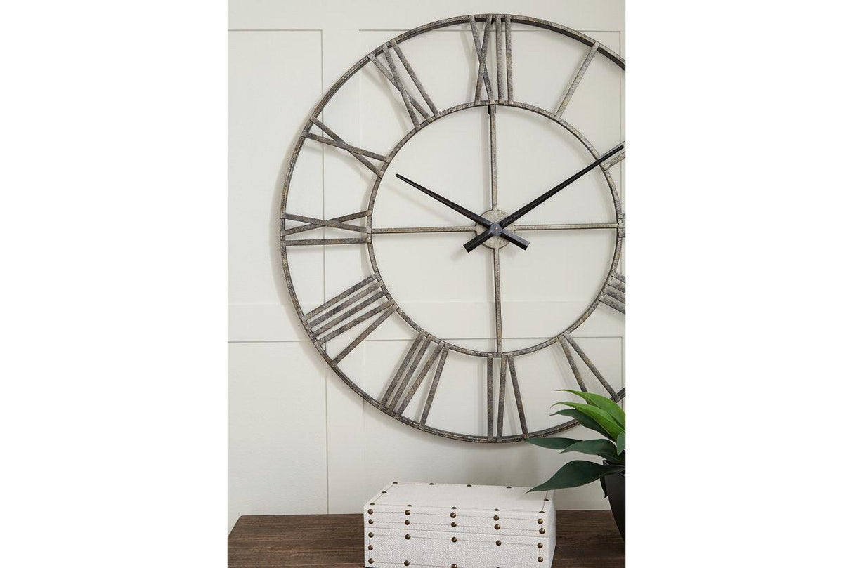 Paquita Antique Silver Wall Clock by Ashley at Eve Furniture