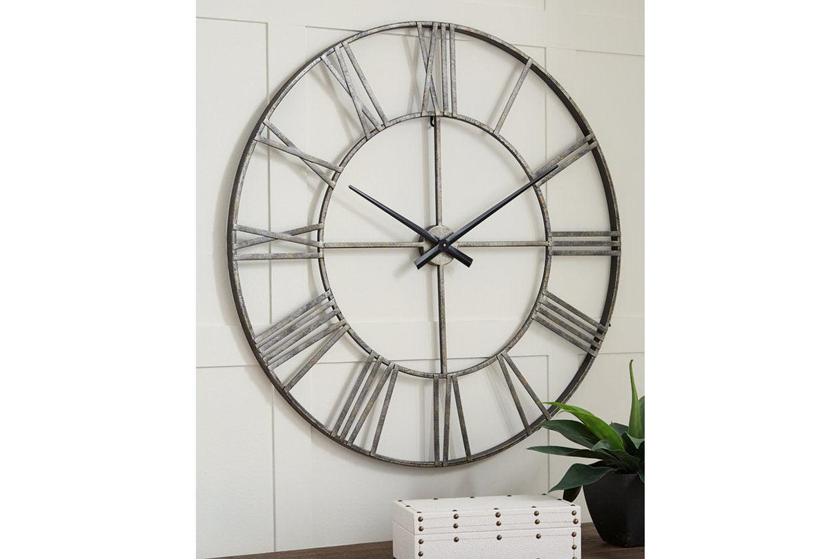 Paquita Antique Silver Wall Clock by Ashley at Eve Furniture