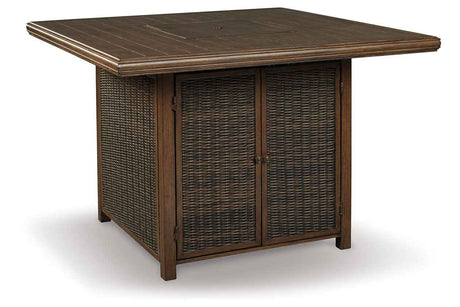 Paradise Trail Medium Brown Outdoor Bar Fire Pit Table with 6 Barstools by Ashley at Eve Furniture