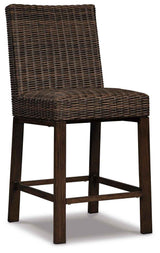 Paradise Trail Medium Brown Outdoor Bar Fire Pit Table with 6 Barstools by Ashley at Eve Furniture