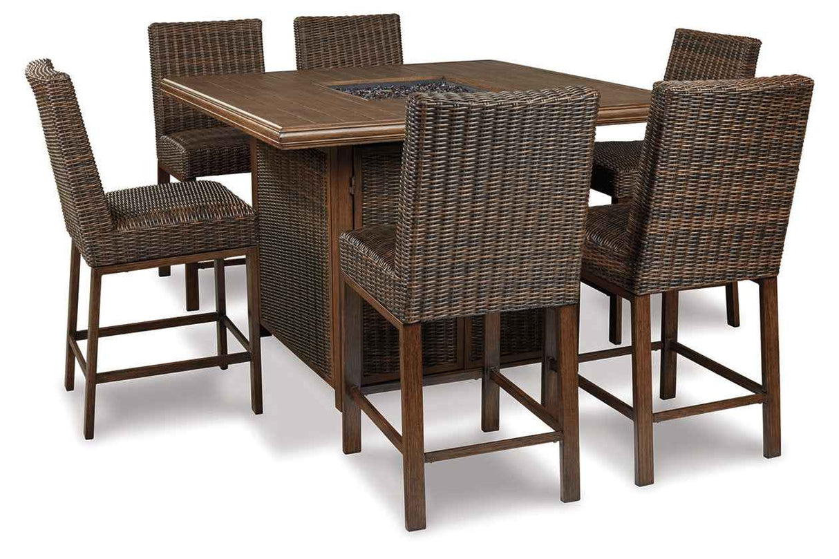 Paradise Trail Medium Brown Outdoor Bar Fire Pit Table with 6 Barstools by Ashley at Eve Furniture
