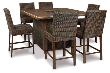 Paradise Trail Medium Brown Outdoor Bar Fire Pit Table with 6 Barstools by Ashley at Eve Furniture