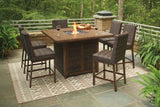 Paradise Trail Medium Brown Outdoor Bar Fire Pit Table with 6 Barstools by Ashley at Eve Furniture