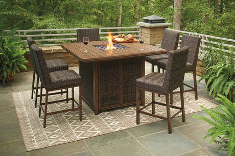 Paradise Trail Medium Brown Outdoor Bar Fire Pit Table with 6 Barstools by Ashley at Eve Furniture