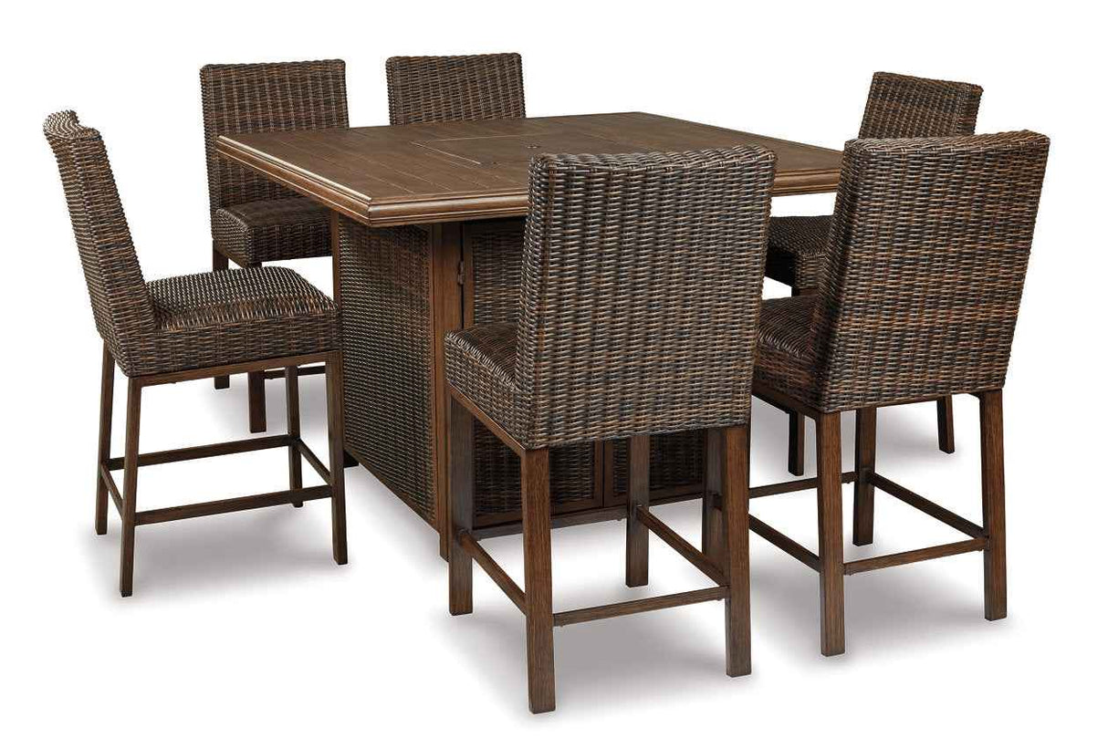 Paradise Trail Medium Brown Outdoor Bar Fire Pit Table with 6 Barstools by Ashley at Eve Furniture