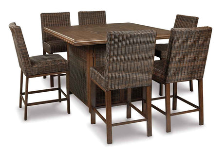 Paradise Trail Medium Brown Outdoor Bar Fire Pit Table with 6 Barstools by Ashley at Eve Furniture