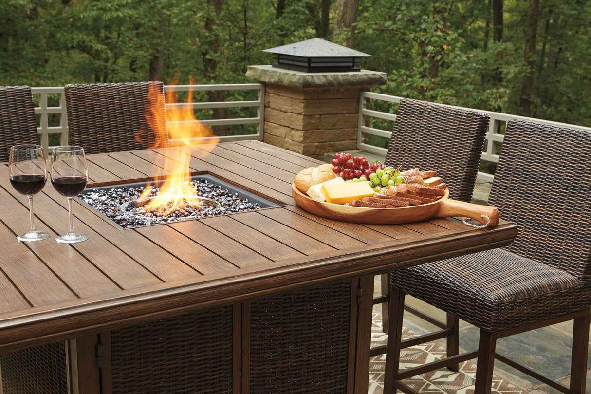 Paradise Trail Medium Brown Outdoor Bar Fire Pit Table with 6 Barstools by Ashley at Eve Furniture