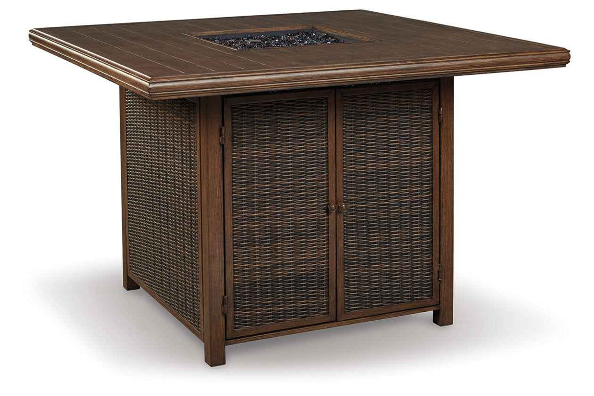 Paradise Trail Medium Brown Outdoor Bar Fire Pit Table with 6 Barstools by Ashley at Eve Furniture