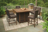 Paradise Trail Medium Brown Outdoor Bar Fire Pit Table with 6 Barstools by Ashley at Eve Furniture