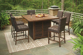 Paradise Trail Medium Brown Outdoor Bar Fire Pit Table with 6 Barstools by Ashley at Eve Furniture