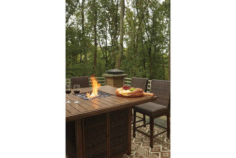 Paradise Trail Medium Brown Outdoor Counter Height Dining Table with 6 Barstools by Ashley at Eve Furniture