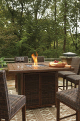 Paradise Trail Medium Brown Outdoor Counter Height Dining Table with 6 Barstools by Ashley at Eve Furniture