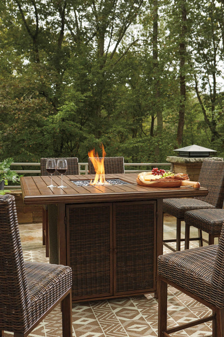 Paradise Trail Medium Brown Outdoor Counter Height Dining Table with 6 Barstools by Ashley at Eve Furniture