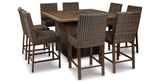 Paradise Trail Medium Brown Outdoor Counter Height Dining Table with 6 Barstools by Ashley at Eve Furniture