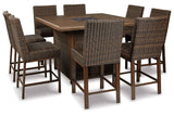 Paradise Trail Medium Brown Outdoor Counter Height Dining Table with 6 Barstools by Ashley at Eve Furniture
