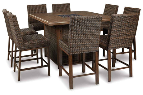 Paradise Trail Medium Brown Outdoor Counter Height Dining Table with 6 Barstools by Ashley at Eve Furniture