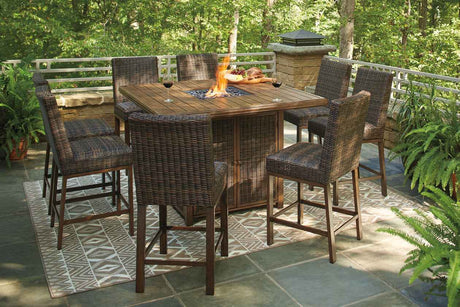 Paradise Trail Medium Brown Outdoor Counter Height Dining Table with 6 Barstools by Ashley at Eve Furniture