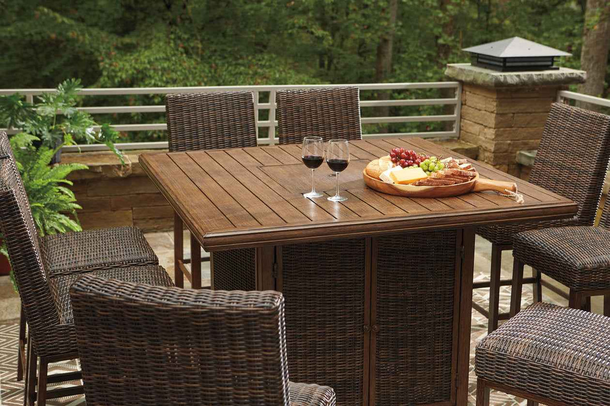 Paradise Trail Medium Brown Outdoor Counter Height Dining Table with 6 Barstools by Ashley at Eve Furniture