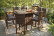 Paradise Trail Medium Brown Outdoor Counter Height Dining Table with 6 Barstools by Ashley at Eve Furniture