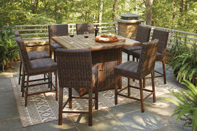 Paradise Trail Medium Brown Outdoor Counter Height Dining Table with 6 Barstools by Ashley at Eve Furniture