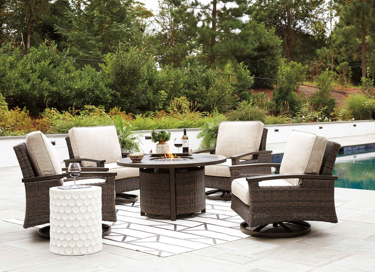 Paradise Trail Medium Brown Outdoor Fire Pit Table with 4 Lounge Chairs by Ashley at Eve Furniture