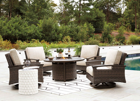 Paradise Trail Medium Brown Outdoor Fire Pit Table with 4 Lounge Chairs by Ashley at Eve Furniture