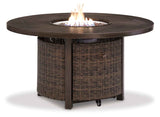 Paradise Trail Medium Brown Outdoor Fire Pit Table with 4 Lounge Chairs by Ashley at Eve Furniture