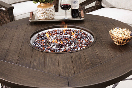 Paradise Trail Medium Brown Outdoor Fire Pit Table with 4 Lounge Chairs by Ashley at Eve Furniture