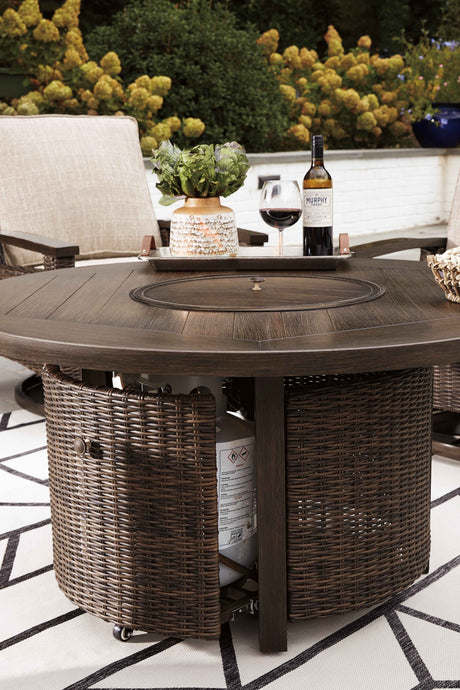 Paradise Trail Medium Brown Outdoor Fire Pit Table with 4 Lounge Chairs by Ashley at Eve Furniture