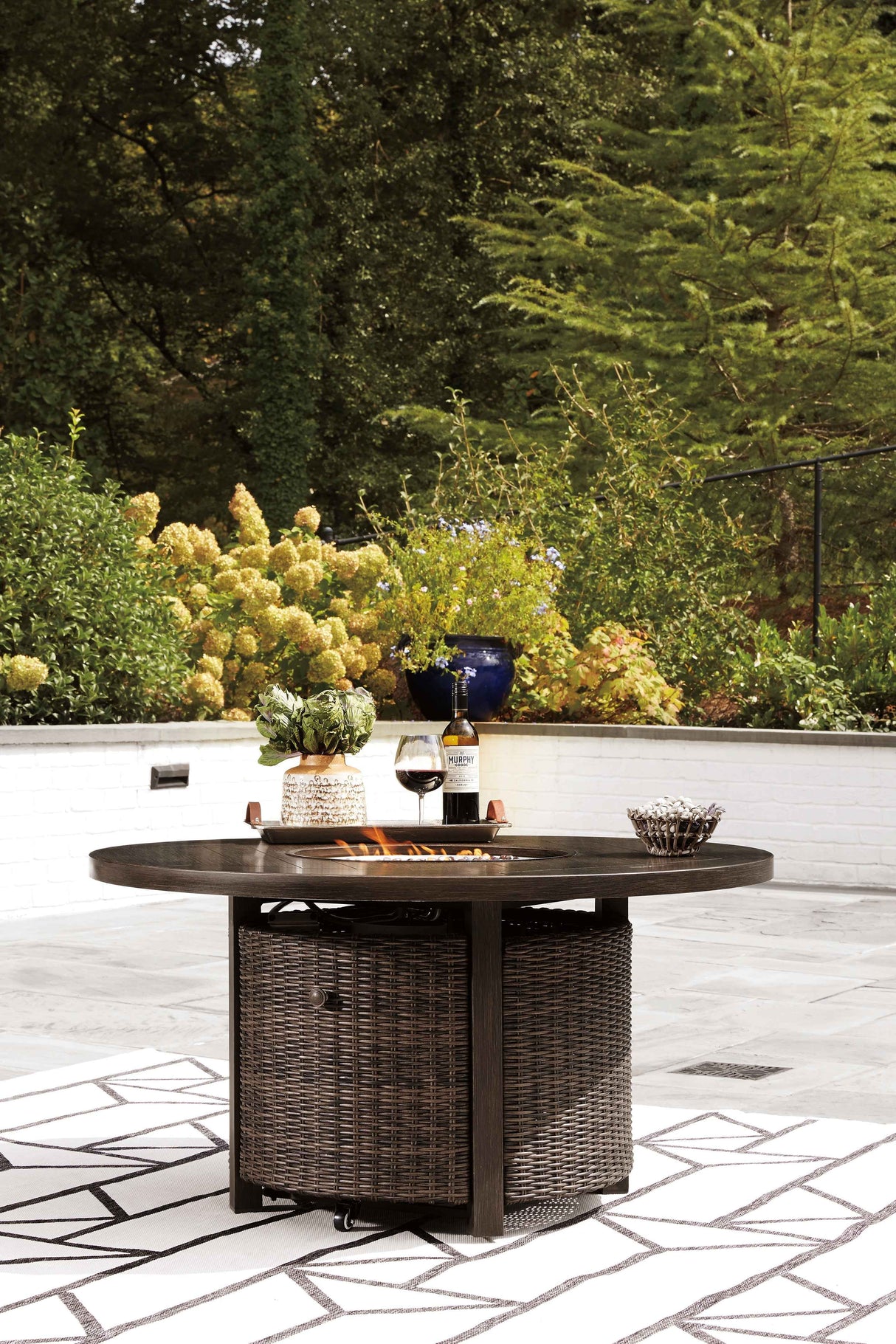 Paradise Trail Medium Brown Outdoor Fire Pit Table with 4 Lounge Chairs by Ashley at Eve Furniture