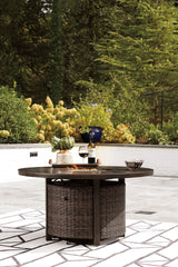 Paradise Trail Medium Brown Outdoor Fire Pit Table with 4 Lounge Chairs by Ashley at Eve Furniture
