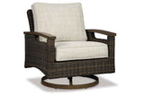 Paradise Trail Medium Brown Outdoor Fire Pit Table with 4 Lounge Chairs by Ashley at Eve Furniture