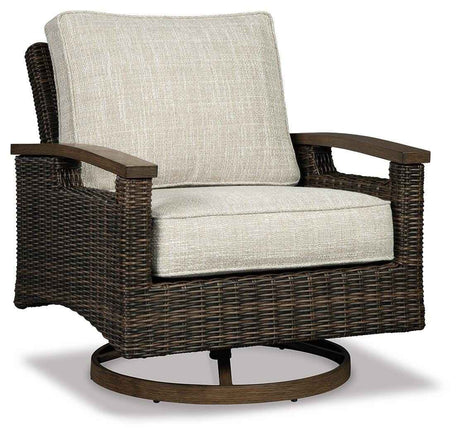 Paradise Trail Medium Brown Outdoor Fire Pit Table with 4 Lounge Chairs by Ashley at Eve Furniture