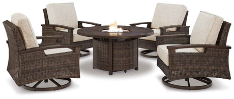 Paradise Trail Medium Brown Outdoor Fire Pit Table with 4 Lounge Chairs by Ashley at Eve Furniture