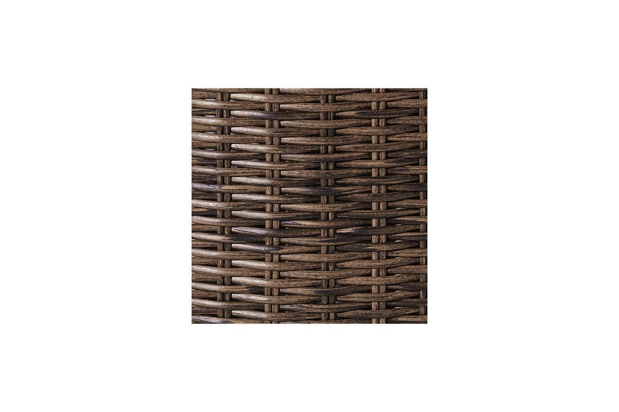 Paradise Trail Medium Brown Outdoor Fire Pit Table with 4 Lounge Chairs by Ashley at Eve Furniture