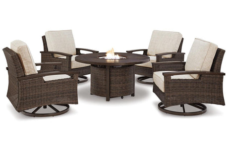 Paradise Trail Medium Brown Outdoor Fire Pit Table with 4 Lounge Chairs by Ashley at Eve Furniture
