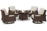 Paradise Trail Medium Brown Outdoor Fire Pit Table with 4 Lounge Chairs by Ashley at Eve Furniture