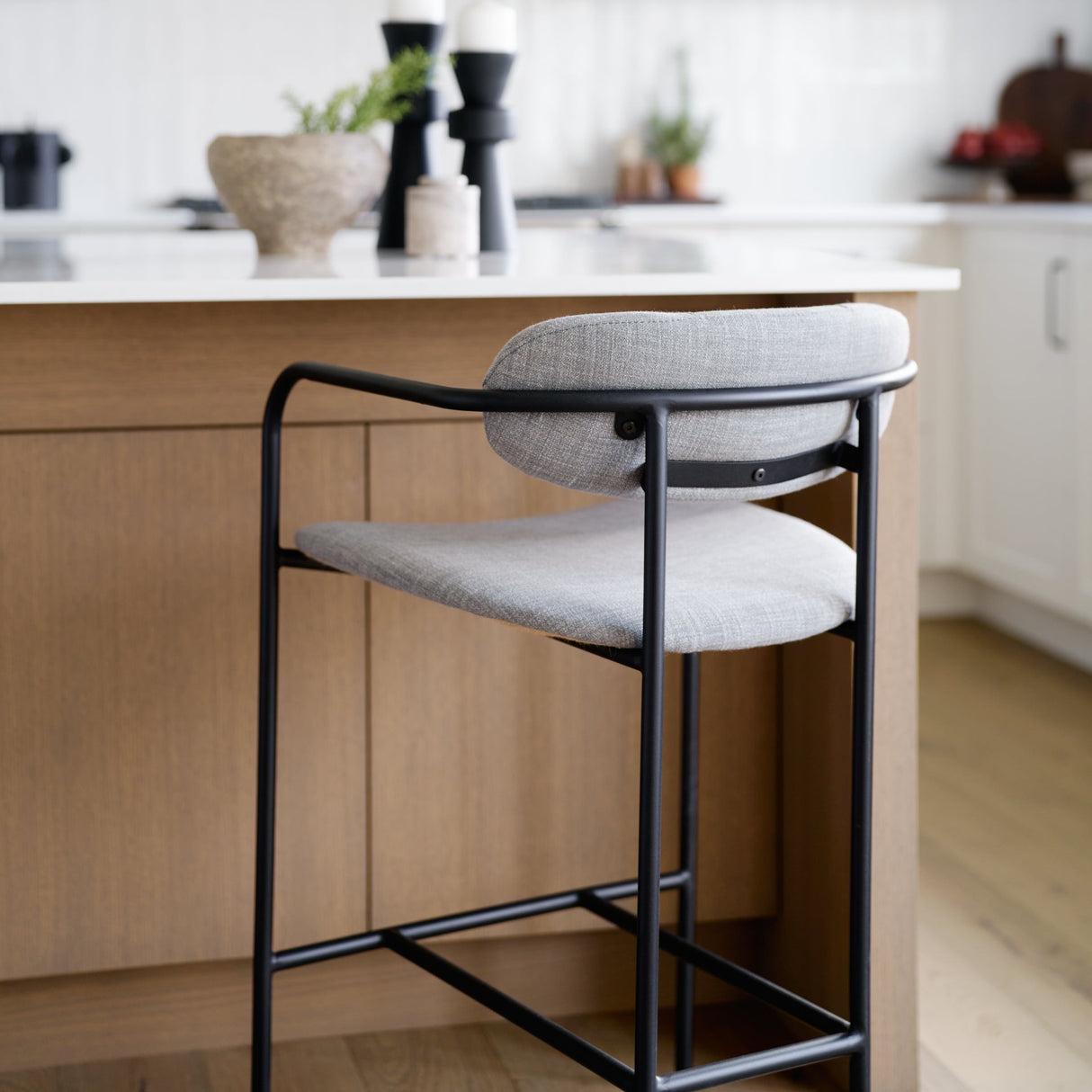 Parker Gray Fabric Seat Black Metal Counter Stool by Mercana at Eve Furniture