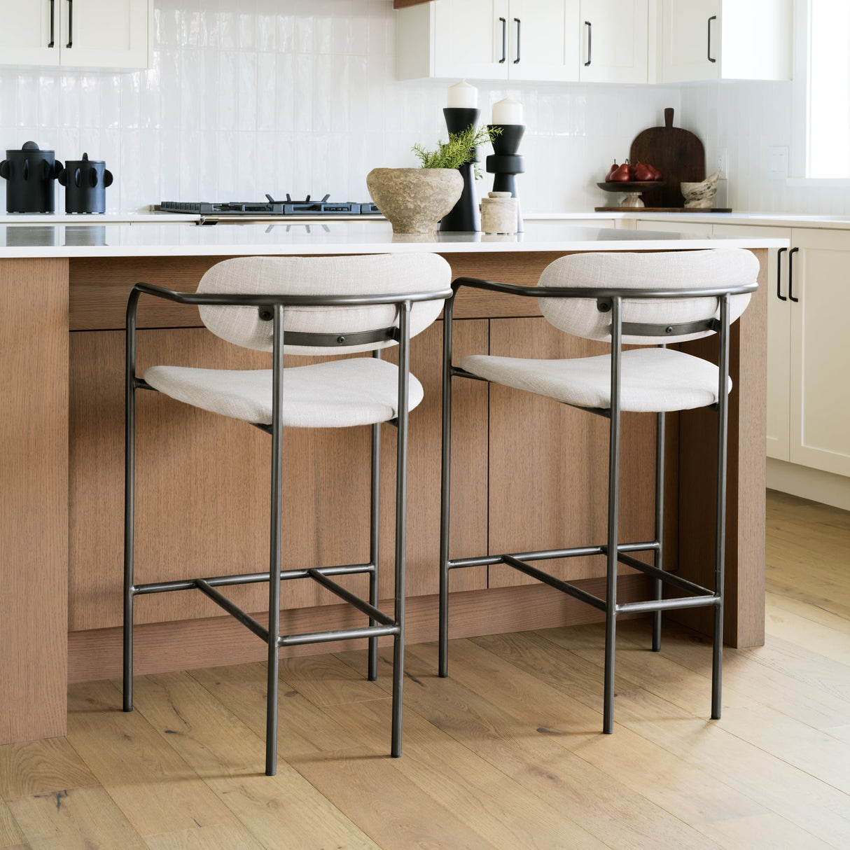 Parker II Beige Fabric Seat Gun Metal Grey Metal Counter Stool by Mercana at Eve Furniture