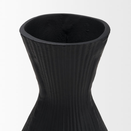 Patine Matte Black Metal Fluted Hourglass Decorative Vase by Mercana at Eve Furniture