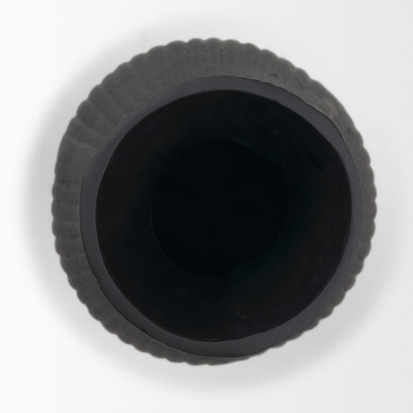Patine Matte Black Metal Fluted Hourglass Decorative Vase by Mercana at Eve Furniture
