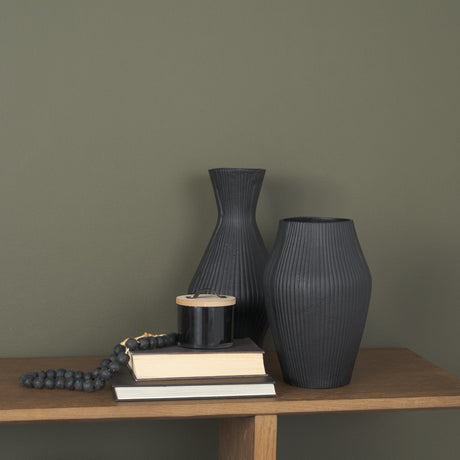 Patine Matte Black Metal Fluted Hourglass Decorative Vase by Mercana at Eve Furniture