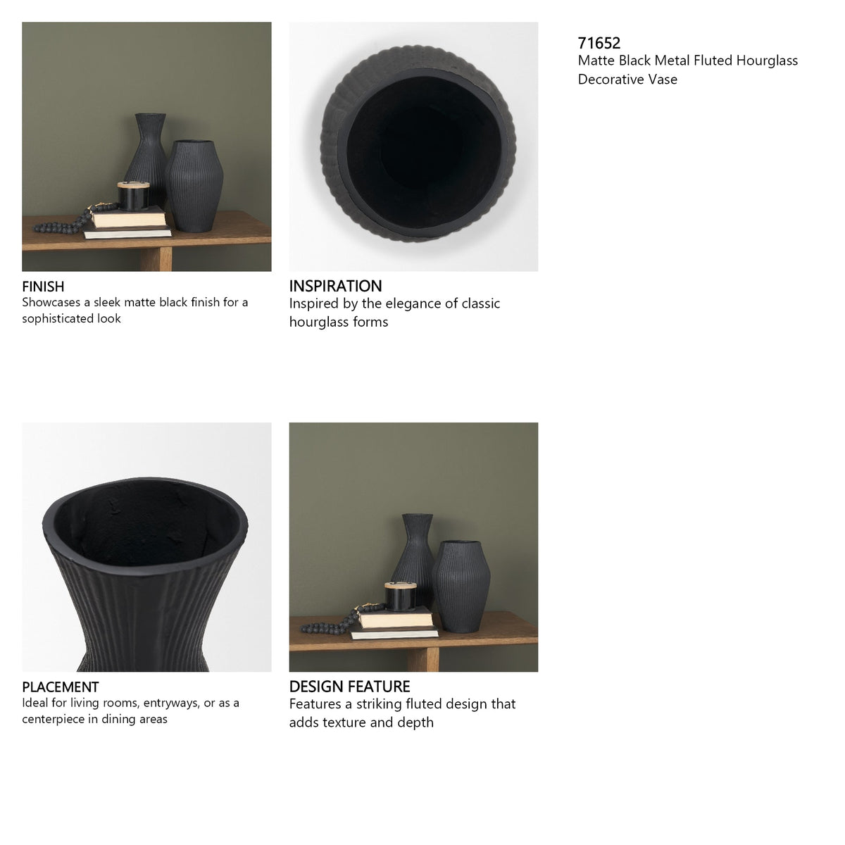 Patine Matte Black Metal Fluted Hourglass Decorative Vase by Mercana at Eve Furniture