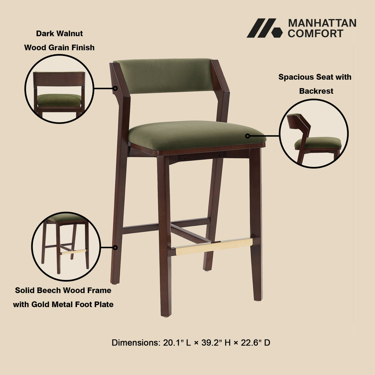 Patricia Barstool in Turtle Green by Manhattan Comfort at Eve Furniture